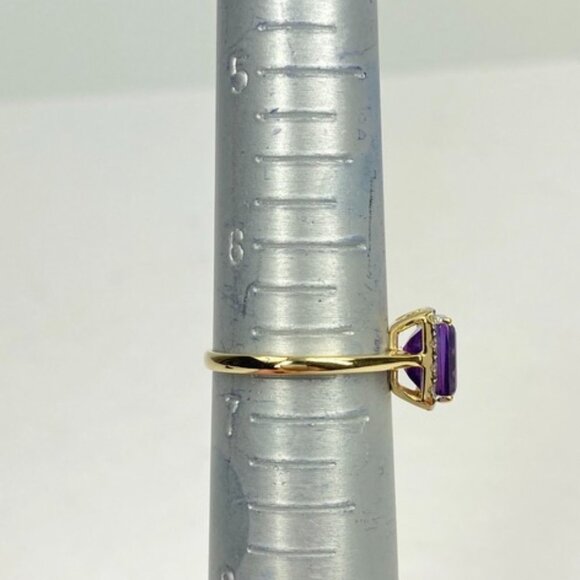 18K Solid Yellow Gold Amethyst with Diamond Halo Ring Size 6.75 - Picture 7 of 8